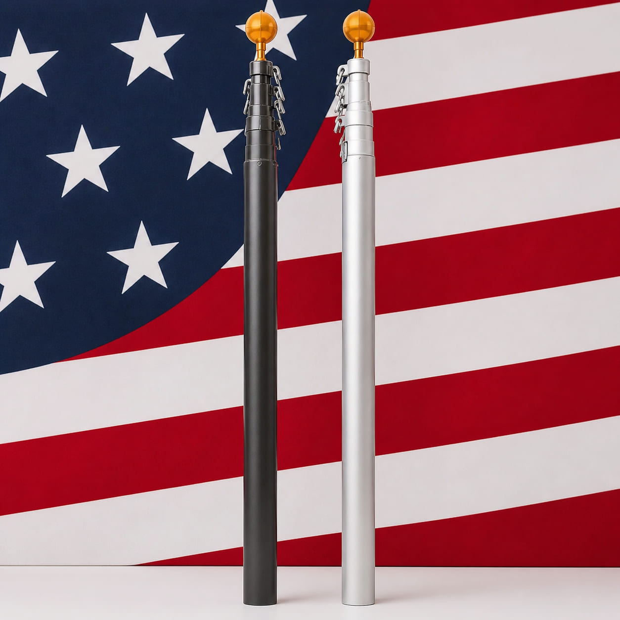 Phoenix telescoping flagpoles in black and satin aluminum finishes, shown against an American flag